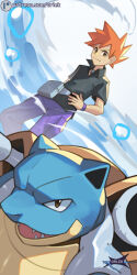  1boy artist_name black_shirt blastoise blue_oak brown_eyes closed_mouth collared_shirt commentary fanny_pack grey_bag hand_on_own_hip male_focus orange_hair orlek pants patreon_logo pokemon pokemon_(creature) pokemon_frlg purple_pants shirt short_hair short_sleeves smile water_drop watermark web_address wristband 