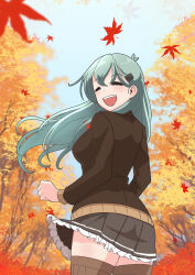  1girl aqua_hair autumn_leaves blazer blue_sky brown_jacket brown_skirt brown_thighhighs clothes_lift clouds commentary_request day facing_viewer from_behind hair_ornament hairclip highres jacket kantai_collection leaf long_hair looking_back outdoors pleated_skirt skirt skirt_lift sky smile solo suzuya_(kancolle) thigh-highs tree tsun&#039;ichi_(tsun1) wind wind_lift 