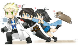  1girl 2boys angelo_(ff8) anger_vein angry arms_up belt bike_shorts_under_skirt black_footwear black_gloves black_hair black_jacket black_pants black_shirt blonde_hair blue_eyes blue_shirt blue_skirt blush_stickers brown_belt brown_fur brown_hair chibi chibi_only clenched_hands coat commentary_request cropped_jacket detached_sleeves dog dragging engeiseikatu expressionless final_fantasy final_fantasy_viii frown full_body fur-trimmed_jacket fur_trim gloves green_eyes grey_eyes hands_on_another's_shoulders heart jacket jewelry leg_up long_sleeves miniskirt multiple_belts multiple_boys necklace open_mouth pants rinoa_heartilly scar scar_on_face seifer_almasy shirt short_hair skirt sleeveless_duster smile spiky_hair spoken_heart squall_leonhart sweatdrop very_short_hair white_background white_coat white_fur white_shirt 