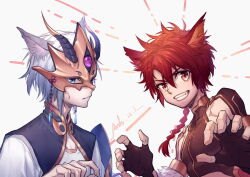  2boys absurdres alexander_(fate) animal_ears arsh_(thestarwish) artist_name blue_eyes braid brown_gloves claw_pose closed_mouth dated dog_ears fate/grand_order fate_(series) fingerless_gloves gloves grin highres male_focus mask multiple_boys prince_of_lan_ling_(fate) red_eyes red_hair smile sweatdrop upper_body white_background white_hair 