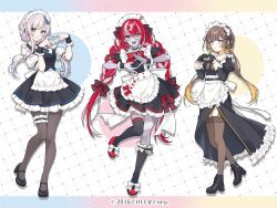  3girls 4-finger_heart_hands alternate_costume anya_melfissa apron asymmetrical_legwear back_bow belt_buckle black_boots black_choker black_gloves black_pantyhose black_shoes black_skirt black_thighhighs blonde_hair blue_nails blunt_bangs blush boots bow bow_apron bowtie braid bridal_garter bright_pupils brown_hair buckle buttons center_frills choker collared_dress colored_skin commentary company_name copyright_notice corset cross-laced_apron cross-shaped_pupils detached_sleeves diamond-shaped_pupils diamond_(shape) double-breasted dress enmaided feather_hair_ornament feathers fine_fabric_emphasis fingernails footwear_bow frilled_apron frilled_dress frilled_skirt frilled_wrist_cuffs frills front_slit full_body garter_straps glass gloves green_eyes grey_hair hair_ornament heart heart_hands heterochromia high_heels hololive hololive_indonesia holoro juliet_sleeves kneehighs knees_together_feet_apart kureiji_ollie layered_skirt long_dress long_hair long_sleeves looking_at_viewer maid maid_apron maid_headdress mary_janes moe_moe_kyun! multicolored_hair multiple_girls necktie official_art pantyhose parted_lips patchwork_skin patterned_background pavolia_reine plaid_bow plaid_bowtie plaid_clothes plaid_necktie platform_boots pleated_skirt puffy_detached_sleeves puffy_short_sleeves puffy_sleeves puunyannyan red_bow red_bowtie red_nails red_shoes semi-rimless_eyewear shoes short_dress short_sleeves sidelocks single_kneehigh single_sock single_thighhigh skirt sleeve_cuffs smile socks standing standing_on_one_leg stitched_arm stitched_face stitched_leg stitches symbol-shaped_pupils teeth thigh-highs twin_braids two-tone_hair very_long_hair violet_eyes virtual_youtuber white_hair wrist_cuffs zombie 