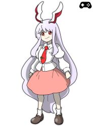  1girl animal_ears ankle_socks brown_shoes carrot_pin closed_mouth collared_shirt commentary_request edwardmidori full_body juliet_sleeves loafers long_hair long_sleeves necktie phantasmagoria_of_flower_view pink_shirt puffy_sleeves purple_hair rabbit_ears rabbit_girl red_eyes red_necktie reisen_udongein_inaba shirt shoes simple_background smile socks solo standing sugimori_ken_(style) tie_clip touhou very_long_hair white_background white_shirt white_socks 