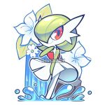  artist_name bob_cut diviously dress flower gardevoir green_hair hair_over_one_eye highres looking_at_viewer pink_eyes pokemon pokemon_(creature) simple_background smile water water_drop white_background white_dress 