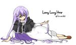  1girl black_cloak circlet cloak dress fire_emblem fire_emblem:_genealogy_of_the_holy_war full_body hair_focus hand_on_floor holding_own_hair julia_(fire_emblem) long_hair lying on_side purple_hair simple_background solo very_long_hair violet_eyes white_background yukia_(firstaid0) 