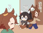  3girls :d ^_^ animal_ears barefoot black_hair black_shirt blue_eyes blue_pants blush_stickers brown_hair brown_pants brown_shirt chibi closed_eyes clothes_writing gomashio_(goma_feet) green_shirt hair_between_eyes hat horse_ears horse_girl horse_tail indoors jitome katsuragi_ace_(umamusume) long_hair mejiro_palmer_(umamusume) mini_hat mr._c.b._(umamusume) multicolored_hair multiple_girls pants ponytail profile shirt short_sleeves smile streaked_hair tail tilted_headwear translation_request umamusume very_long_hair white_hair white_headwear 