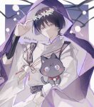  1boy 329kome adjusting_clothes adjusting_headwear animal black_cat black_hair black_sash cat closed_mouth flower genshin_impact hand_up head_wreath high_collar highres holding holding_animal holding_cat jewelry long_sleeves male_focus necklace purple_hair purple_shirt purple_veil sash scaramouche_(cat)_(genshin_impact) scaramouche_(genshin_impact) scaramouche_(kabukimono)_(genshin_impact) shirt short_hair simple_background solo tabard twitter_username violet_eyes white_flower white_tabard wide_sleeves 