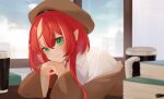  absurdres bad_source beret book cape green_eyes hat highres itorio_fransuaza light_smile looking_at_viewer original pointy_ears redhead shirt short_hair_with_long_locks smile white_shirt 