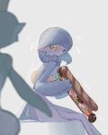  alternate_color artist_name blue_hair blush flying_sweatdrops food gallade gardevoir grey_background highres holding_sandwich orange_eyes pitari pokemon pokemon_(creature) sandwich shiny_pokemon simple_background sitting submarine_sandwich teardrop 