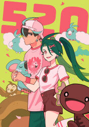  1boy 1girl alternate_hairstyle aqua_hair backwards_hat baseball_cap bird black_eyes black_hair brown_shorts clodsire commentary_request ear_piercing earrings flamigo flat_chest frown hair_ornament hat highres holding holding_hands holding_poke_ball interlocked_fingers jewelry komala larry_(pokemon) multicolored_hair nicca_(nicca11y) paldean_wooper piercing pink_shirt poke_ball pokemon pokemon_(creature) pokemon_sv red_nails rika_(pokemon) shirt shirt_tucked_in short_shorts shorts starly streaked_hair swablu sweatdrop thick_eyebrows twintails two-tone_hair x_hair_ornament 