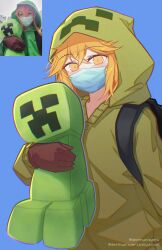  1girl absurdres black_gloves creeparka creeper cupa_(at2.) destinyplayer1 gloves green_hoodie highres hood hoodie long_sleeves mask minecraft mob_talker mouth_mask orange_hair personification photo-referenced short_hair smile stuffed_animal stuffed_toy 