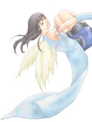  1girl arm_ribbon bike_shorts_under_skirt black_hair black_shorts blue_skirt closed_eyes detached_sleeves final_fantasy final_fantasy_viii flying full_body happy looking_back lowres miniskirt open_mouth pink_ribbon rendezvous ribbon rinoa_heartilly shorts simple_background skirt sleeveless_duster smile solo third-party_source white_background white_wings wings 