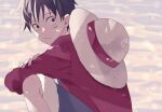  1boy arms_on_knees black_eyes black_hair blue_shorts closed_mouth commentary hat looking_back looking_to_the_side male_focus micyomon monkey_d._luffy one_piece red_shirt scar scar_on_face shirt short_hair shorts signature solo squatting straw_hat 