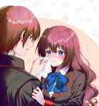  1boy 1girl a-chan_senpai blue_bow blue_eyes blush bow brown_hair close-up closed_mouth eyelashes flying_sweatdrops hair_between_eyes hetero holding_handkerchief jacket light_brown_background lips little_busters! little_busters!_school_uniform long_hair miiizuno_lbs natsume_kyousuke nose_blush red_eyes school_uniform short_hair shy simple_background 