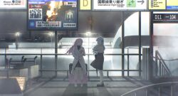  2girls absurdres aircraft airplane airport bang_dream! bang_dream!_it's_mygo!!!!! black_skirt blue_hair braid brh cellphone chihaya_anon chinese_commentary coat commentary_request fang floating_hair grey_eyes grey_skirt group_name hatsune_miku highres holding holding_phone indoors multiple_girls open_mouth phone pink_hair rolling_suitcase shirt skirt smartphone suitcase togawa_sakiko translation_request vocaloid white_coat white_shirt yellow_eyes 