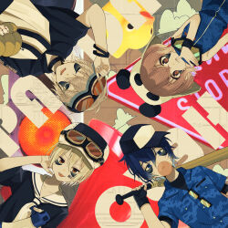  1girl 3boys absurdres baseball_bat baseball_cap baseball_mitt brown_eyes brown_hair chewing_gum facial_mark goggles goggles_on_head hat highres holding holding_baseball_bat holding_megaphone indie_utaite luz_(utaite) mafumafu megaphone multiple_boys neckerchief nqrse panda_hat panda_hero_(vocaloid) rubber_duck sailor_collar short_hair soraru sunglasses tongue tongue_out utaite yutori3218 