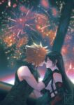  1boy 1girl aerial_fireworks armor bare_shoulders black_gloves black_hair black_skirt blonde_hair blurry blurry_background blush breasts closed_mouth cloud_strife commentary couple crop_top ear_blush earrings facing_another final_fantasy final_fantasy_vii final_fantasy_vii_rebirth final_fantasy_vii_remake fireworks gloves gondola hand_on_another&#039;s_shoulder imminent_kiss jewelry large_breasts lips long_hair midriff miyukiko night night_sky ribbed_sweater short_hair shoulder_armor signature single_arm_guard single_bare_shoulder single_earring sitting skirt sky sleeveless sleeveless_turtleneck spiky_hair suspender_skirt suspenders sweater tank_top tifa_lockhart turtleneck turtleneck_sweater upper_body white_tank_top 