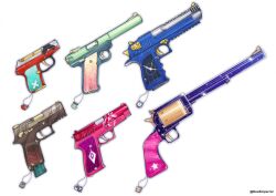  absurdres bloom_(irys) ceres_fauna character_charm charm_(object) dee_(deeemperror) desert_eagle english_commentary friend_(nanashi_mumei) gloom_(irys) gun hakos_baelz handgun highres hololive hololive_english irys_(hololive) kronie_(ouro_kronii) mr._squeaks_(hakos_baelz) nanashi_mumei no_humans object_focus objectification ouro_kronii revolver ruger_mark_iv sanallite_(tsukumo_sana) sapling_(ceres_fauna) simple_background star_(symbol) tsukumo_sana virtual_youtuber weapon white_background 
