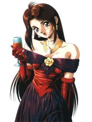  1990s_(style) 1girl alcohol breasts brown_eyes brown_hair choker cup dress drinking_glass earrings elbow_gloves gloves gold_earrings gold_necklace highres holding holding_cup jewelry long_hair looking_at_viewer makino_ryuuichi necklace non-web_source original pasocom_paradise price red_gloves red_lips red_wine retro_artstyle simple_background solo strapless strapless_dress very_long_hair white_background wine wine_glass 