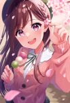  1girl beret blush braid brown_hair cardigan cherry_blossoms collared_shirt dango flower food hat holding holding_flower long_hair long_sleeves looking_at_viewer meronnpannpi neck_ribbon open_mouth original outdoors petals ribbon sanshoku_dango shirt smile solo very_long_hair violet_eyes wagashi 