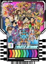 6+boys 6+girls atropos_(kamen_rider_gotchard) black_hair brown_eyes brown_hair butler_(kamen_rider_gotchard) chemy closed_eyes clotho_(kamen_rider_gotchard) edami_kyouka everyone food gaelya germain gigist glasses golddash holding holding_tray ichinose_tamami icho_renge index_finger_raised kajiki_ryo kamedoon kamen_rider kamen_rider_dorado kamen_rider_dread kamen_rider_dread_type_zero kamen_rider_eld kamen_rider_gotchard kamen_rider_gotchard_(series) kamen_rider_gotchard_(steamhopper) kamen_rider_gotchard_daybreak kamen_rider_gotchard_shining_daybreak kamen_rider_legend kamen_rider_majade kamen_rider_valvarad kamen_rider_wind lachesis_(kamen_rider_gotchard) minato_(kamen_rider_gotchard) mole mole_under_mouth multiple_boys multiple_girls necktie one_eye_closed onigiri open_mouth ponytail ride_chemy_card smile tajima_tetsuo the_sun_(kamen_rider_gotchard) tray tsuruhara_sabimaru v vgz083
