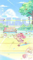  >_< afterimage animal_ear_headwear animal_ears ankle_socks artist_request bench blue_sky blunt_bangs bow bow_skirt bowtie brown_eyes bush cat cat_ears chinese_commentary chinese_text city cloak clouds commentary_request copyright_name covered_navel day ear_covers exhausted fake_animal_ears flying_sweatdrops hat high_ponytail highres holding_tennis_racket hood hood_up hooded_cloak lamppost long_hair looking_at_object miniskirt momo_(nikki) motion_lines nikki_(nikki) nikki_(series) official_art open_mouth outdoors pink_hair pink_shirt pink_skirt playing_sports pleated_skirt ponytail red_bow red_bowtie red_sneakers running second-party_source shadow shining_nikki shirt shoes sidelocks sigh skirt skirt_set sky sneakers socks sportswear squiggle tennis tennis_court tennis_uniform translation_request turn_pale two-tone_shoes visor_cap whiskers white_cat white_sneakers white_socks yellow_cloak yellow_hat 