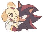  1boy 1girl animal_crossing animal_ears blush_stickers crossover dog_ears furry furry_female furry_male gloves isabelle_(animal_crossing) one_eye_closed open_mouth quark196 red_eyes shadow_the_hedgehog smile sonic_(series) white_gloves yellow_fur 