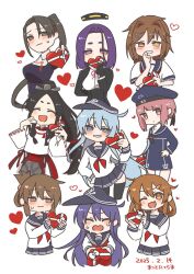  6+girls akatsuki_(kancolle) anchor_symbol black_gloves black_hair black_thighhighs blue_dress blue_hat blue_sailor_collar blush box breasts brown_hair chibi closed_eyes closed_mouth commentary dated dress flat_cap folded_ponytail furutaka_(kancolle) gift gloves hair_between_eyes hair_ornament hairclip halo hat headgear heart heart-shaped_box heterochromia hibiki_(kancolle) highres holding holding_gift ikazuchi_(kancolle) inazuma_(kancolle) japanese_clothes kantai_collection long_hair long_sleeves makotonichimei mechanical_halo multiple_girls nachi_(kancolle) neckerchief nisshin_(kancolle) one_eye_closed open_mouth pleated_skirt ponytail purple_hair red_neckerchief ribbon-trimmed_sleeves ribbon_trim sailor_collar sailor_dress school_uniform serafuku short_hair short_sleeves simple_background skirt sweat symbol-only_commentary tatsuta_(kancolle) thigh-highs valentine very_long_hair wavy_mouth white_background z3_max_schultz_(kancolle) 