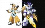  2boys arm_cannon armor black_background blonde_hair boots cosplay degarashi_(ponkotsu) forehead_jewel helmet holding holding_sword holding_weapon horns long_hair male_focus medarot mega_man_(series) mega_man_x_(series) metabee metabee_(cosplay) multiple_boys ponytail rokusho_(medarot) rokusho_(medarot)_(cosplay) shoulder_armor single_horn sword symmetry weapon white_armor white_background white_footwear white_headwear x_(mega_man) yellow_armor yellow_footwear yellow_headwear 