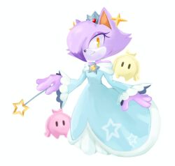  1girl blaze_the_cat blue_dress cosplay crown draw_chill's dress holding holding_wand koco_(sonic) looking_at_viewer luma_(mario) rosalina rosalina_(cosplay) sonic_(series) sonic_frontiers star_(symbol) super_mario_bros. super_mario_galaxy wand yellow_eyes 