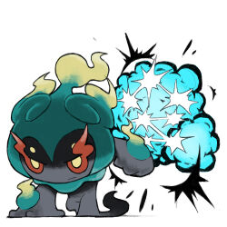  blacknirrow clenched_hand closed_mouth explosion full_body hand_on_ground marshadow marshadow_(zenith) no_humans pokemon pokemon_(creature) pokemon_move red_eyes simple_background solo soul-stealing_7-star_strike_(pokemon) white_background z-move 