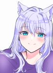 1girl animal_ear_fluff animal_ears blue_eyes cat_ears closed_mouth commentary_request highres long_hair looking_at_viewer noripro purple_hair purple_shirt purple_t-shirt shirayuki_mishiro shirt simple_background smile solo t-shirt upper_body virtual_youtuber white_background yuri_kyanon