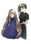  2girls :q ahoge apron barber_cape black_apron black_shirt brown_eyes brown_hair closed_mouth cutting_hair expressionless green_hair grey_shirt hair_between_eyes hand_up highres holding holding_another&#039;s_hair holding_scissors initial licking_lips long_bangs long_hair looking_at_another looking_at_viewer multiple_girls ponytail profnote revision scissors sense_(sousou_no_frieren) shirt short_sleeves side_ponytail sidelocks smile sousou_no_frieren split_mouth sweatdrop t-shirt tongue tongue_out ubel_(sousou_no_frieren) very_long_hair violet_eyes white_background 