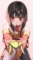 1girl bandaged_leg bandages bare_shoulders black_thighhighs blush box box_of_chocolates brown_hair closed_mouth commentary dress hair_over_shoulder heart-shaped_box highres holding holding_box incoming_food incoming_gift knees_together_feet_apart knees_up kono_subarashii_sekai_ni_shukufuku_wo! long_sleeves looking_at_viewer megumin mouth_hold off-shoulder_dress off_shoulder on_ground pov red_dress red_eyes red_ribbon ribbon ribbon_around_body sarasara_shoyu short_hair short_hair_with_long_locks sidelocks single_thighhigh sitting smile solo thigh-highs wrapped_up yellow_trim 