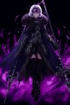  1girl armor black_background black_thighhighs cape chain closed_mouth dual_wielding expressionless fate/samurai_remnant fate_(series) fire full_body fur-trimmed_cape fur_trim gauntlets headpiece highres holding holding_polearm holding_weapon jeanne_d&#039;arc_alter_(fate) jeanne_d&#039;arc_alter_(lancer)_(fate) long_sleeves looking_down mz6gp polearm purple_cape purple_fire sabaton short_hair solo thigh-highs twitter_username weapon white_hair 