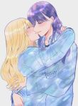  2girls absurdres arms_around_neck blonde_hair blue_shirt blush commentary_request dated grey_background hands_on_another&#039;s_back highres hug kiss long_hair long_sleeves multiple_girls noses_touching original parted_lips pink_eyes purple_hair shirt simple_background smile twitter_username violet_eyes yuri yuri_kyanon 