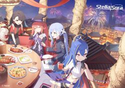  4girls :d :t ^_^ absurdres aerial_fireworks bamboo_steamer bare_shoulders black_dress black_gloves black_hat black_jacket black_shorts blonde_hair blue_hair blunt_bangs braid breasts buttons char-siu chinese_clothes chinese_food chopsticks cityscape closed_eyes collared_shirt commentary_request crop_top cropped_shirt cup double-breasted dress dress_shirt drinking_glass earrings eating english_commentary fireworks flower food food_request freesia_(stella_sora) gloves grey_hair grey_skirt hair_bun hair_flower hair_ornament hat highres holding holding_chopsticks holding_cup holding_food holding_plate jacket jewelry jinglin_(stella_sora) juliet_sleeves lantern_festival leaning_forward long_hair long_sleeves low_twin_braids mapo_tofu medium_breasts miniskirt minova_(stella_sora) mistique_(stella_sora) monolith_(object) mountainous_horizon multicolored_hair multiple_girls navel night official_art orange_hair outdoors pantyhose peking_duck_(food) pink_eyes pinstripe_pattern pinstripe_shirt plate pleated_skirt ponytail puffy_sleeves red_eyes red_jacket red_shirt sauce second-party_source shirt short_dress short_shorts shorts side_ponytail sitting skirt sleeveless sleeveless_shirt smile soeyumi steamed_bun stella_sora stomach streaked_hair tail tangzhuang thigh-highs tumbler_glass twin_braids twintails very_long_hair white_flower white_pantyhose white_shirt white_thighhighs witch_hat yellow_eyes 