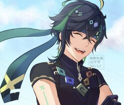  1boy aqua_headband arm_tattoo black_gloves black_hair black_shirt blue_sky closed_eyes clouds cloudy_sky earrings genshin_impact gloves green_hair hair_between_eyes highres jewelry kinich_(genshin_impact) looking_at_viewer male_focus multicolored_hair necoco112061 open_mouth shirt short_hair sky smile solo tattoo 