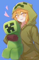  1girl absurdres black_gloves creeparka creeper cupa_(at2.) destinyplayer1 gloves green_hoodie highres hood hoodie long_sleeves minecraft mob_talker open_mouth orange_hair personification short_hair smile 
