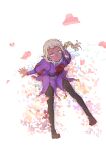  1boy androgynous blonde_hair dark-skinned_male dark_skin dungeon_meshi elf fujisawa_takashi full_body highres juliet_sleeves long_sleeves male_focus petals pointy_ears puffy_sleeves purple_tunic short_bangs sitting solo thistle_(dungeon_meshi) violet_eyes white_background 