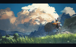  absurdres accordion blue_feathers blue_sky clouds cloudy_sky cumulonimbus_cloud day feathers grass highres instrument kass mountainous_horizon music nature outdoors playing_instrument rito scenery shimekake sky standing the_legend_of_zelda the_legend_of_zelda:_breath_of_the_wild tree wide_shot 