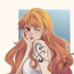  1girl anyumii136 arm_tattoo blue_background commentary eyelashes hand_on_own_cheek hand_on_own_face highres long_hair looking_back nami_(one_piece) one_eye_closed one_piece orange_eyes orange_hair profile shirt sidelocks signature tattoo tongue tongue_out upper_body white_shirt 