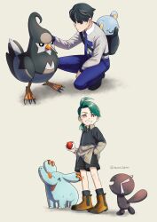  1boy 1girl ^_^ absurdres aged_down bandaid bandaid_on_knee bandaid_on_leg black_eyes black_hair black_shorts blue_necktie blue_pants brown_boots closed_eyes collared_shirt commentary_request green_hair grey_hair grin hand_in_pocket highres holding holding_poke_ball komala larry_(pokemon) multicolored_hair necktie paldean_wooper pants phanpy poke_ball poke_ball_(basic) pokemon pokemon_sv ponytail red_eyes reverse_trap rika_(pokemon) school_uniform shirt shorts smile squatting staravia streaked_hair suma3695 thick_eyebrows twitter_username two-tone_hair uva_academy_school_uniform 