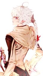  1girl alisaie_leveilleur braid braided_ponytail brown_capelet brown_jacket capelet elezen elf final_fantasy final_fantasy_xiv from_behind hair_between_eyes highres holstered jacket long_hair looking_at_viewer looking_back meitangsiyan parted_lips pointy_ears profile sideways_glance simple_background solo violet_eyes weapon white_background white_hair 