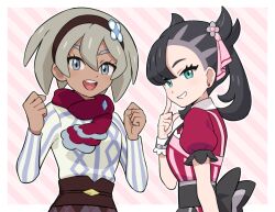  2girls alternate_costume asymmetrical_bangs asymmetrical_hair bea_(pokemon) black_hair black_hairband dark-skinned_female dark_skin earrings green_eyes grey_eyes grey_hair hair_ornament hair_ribbon hairband highres jewelry long_hair marnie_(pokemon) multiple_girls pokemoa pokemon pokemon_swsh puffy_short_sleeves puffy_sleeves ribbon sash scarf short_hair short_sleeves smile sweater undercut wrist_cuffs 