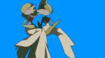  arm_blade blue_background bob_cut colored_skin crossed_legs dress gallade gardevoir green_hair hair_over_one_eye highres multicolored_skin pink_eyes pokemon pokemon_(creature) simple_background smile two-tone_skin v_(govvvvw) weapon white_dress white_skin 