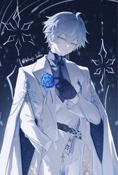  1boy 329kome alternate_costume belt black_belt black_gloves black_necktie blue_eyes blue_flower blue_hair blue_shirt boutonniere chongyun_(genshin_impact) closed_mouth cowboy_shot dress_pants flower formal genshin_impact gloves high_collar highres jacket light_blue_hair male_focus necktie pants shirt short_hair snowflakes snowing solo standing suit suit_jacket tuxedo white_jacket white_pants white_suit 