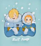  1boy 1girl blonde_hair blue_background blush closed_mouth coat commentary curly_eyebrows facial_hair gloves goatee hair_over_one_eye heart highres hood hooded_coat long_hair mustache_stubble nami_(one_piece) one_piece orange_hair q_u_u_p sanji_(one_piece) short_hair sidelocks smile smoke_heart snow stubble upper_body 