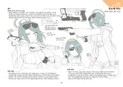  1girl absurdres beretta_92 blue_archive chest_harness commentary dual_wielding eyewear_on_head flukhan green_hair green_halo gun hair_over_one_eye halo handgun harness highres holding holding_weapon information_sheet korean_text magazine_(weapon) mina_(blue_archive) solo sunglasses weapon weapon_focus 