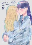  2girls absurdres arms_around_waist blonde_hair blue_shirt blush closed_eyes collared_shirt commentary_request dated face-to-face grey_background highres hug long_hair long_sleeves multiple_girls original parted_lips purple_hair shirt simple_background smile twitter_username yuri yuri_kyanon 