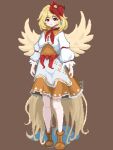  1girl animal_on_head ascot bird bird_on_head bird_tail bird_wings blonde_hair brown_background brown_footwear dress earrings feathered_wings frilled_dress frills full_body highres jewelry long_sleeves multicolored_clothes nito2230 niwatari_kutaka on_head pixel_art puffy_long_sleeves puffy_sleeves red_ascot red_eyes redhead short_hair solo tail touhou wings 